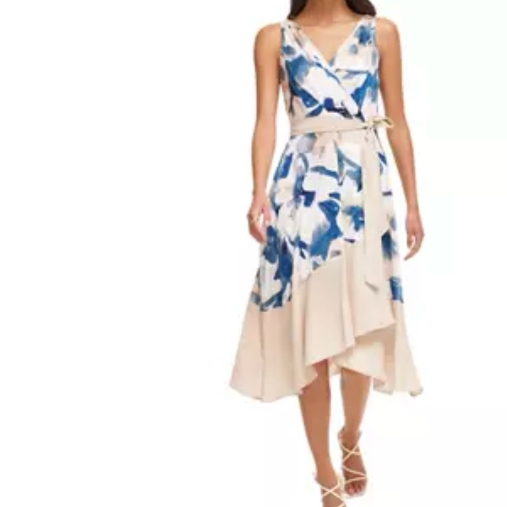 DKNY V-neck Tie Waist Wrap Fit & Flare Floral Dress in Blue and Cream